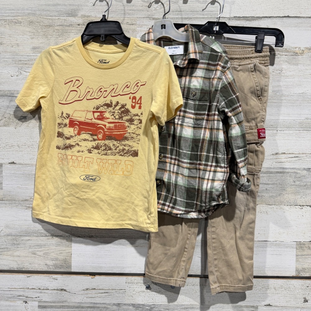 Ford Old Navy Levi's Outfit Set Boys 6/7 Khaki Green Plaid Bronco GUC